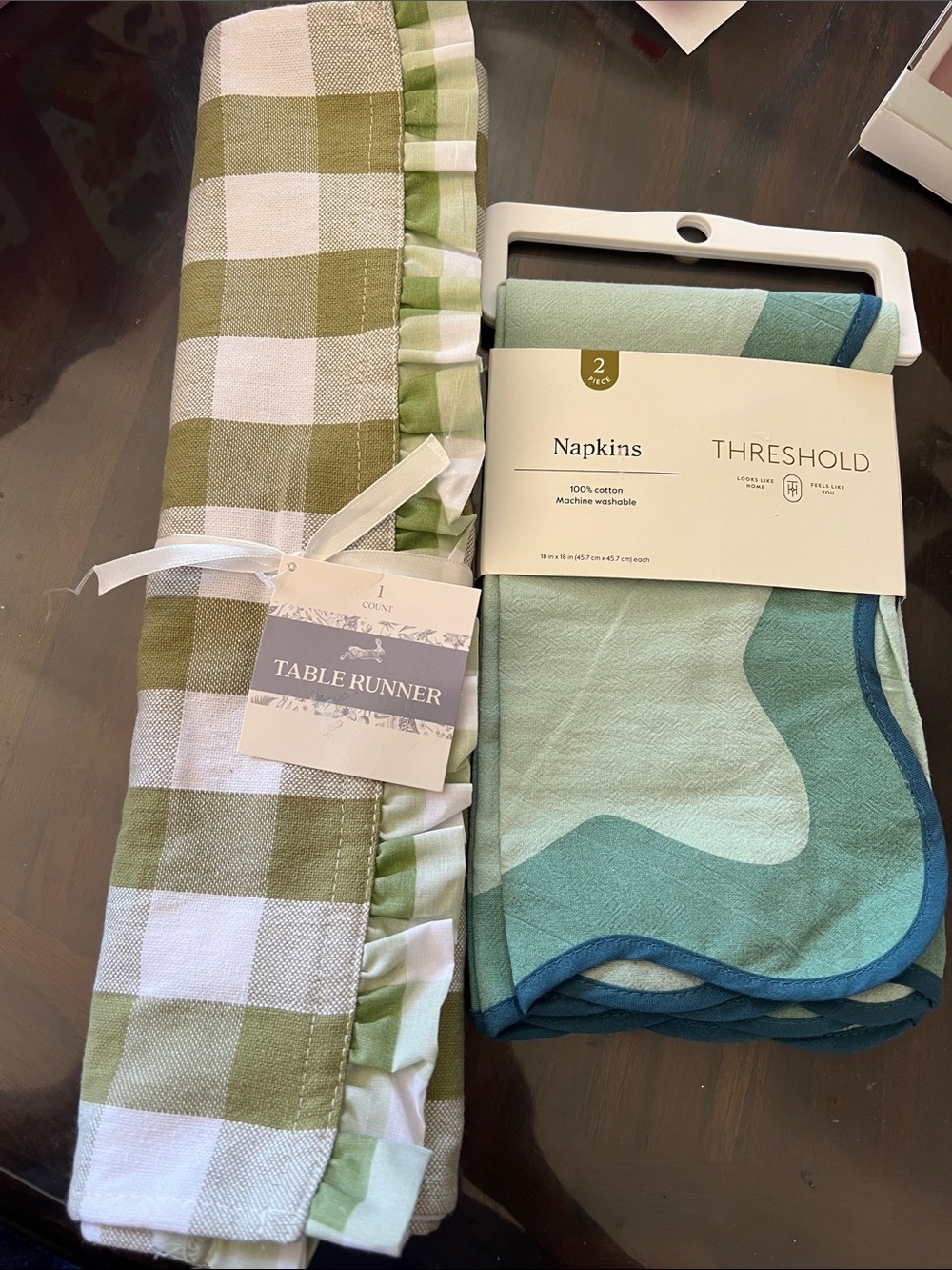 Green Plaid Table Runner and Aqua Blue Threshold Napkins